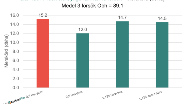 Skördejämförelse med ELATUS Plus i höstveteGrafen visar merskörden (dt/ha) för olika fungicidbehandlingar i höstvete. Kombinationen ELATUS Plus och Revytrex ger högst merskörd på 15,2 dt/ha, vilket överträffar andra testade alternativ. Baserat på tre försök med obehandlad kontroll på 89,1 dt/ha.