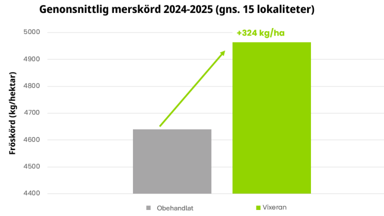 VIXERAN ger merskörd i storskaliga demoförsökUnder skördarna 2024 och 2025 genomförde vi storskaliga försök med VIXERAN i raps på 15 platser. I genomsnitt gav VIXERAN en merskörd på 324 kg rapsfrö per hektar jämfört med obehandlade arealer, en stabil och säker nettomerskörd.