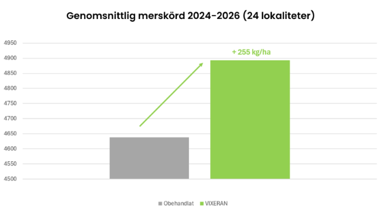VIXERAN ger merskörd i storskaliga demoförsökUnder skördarna 2024 - 2026 genomförde vi storskaliga försök med VIXERAN i raps på 24 platser. I genomsnitt gav VIXERAN en merskörd på 255 kg rapsfrö per hektar jämfört med obehandlade arealer, en stabil och säker nettomerskörd.